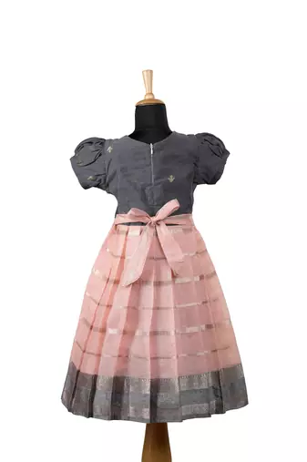 Peach floral line baby pattu pavadai frocks for kids