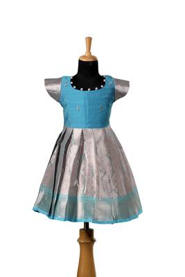 Sky blue tissue mughal baby pattu pavadai frocks for kids 1