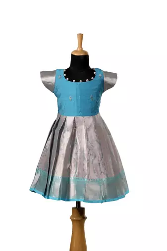 Sky blue tissue mughal baby pattu pavadai frocks for kids