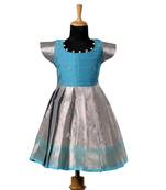 Sky blue tissue mughal baby pattu pavadai frocks for kids