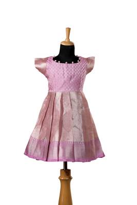 Pink tissue mughal baby pattu pavadai frocks for kids 1