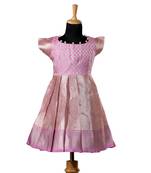 Pink tissue mughal baby pattu pavadai frocks for kids
