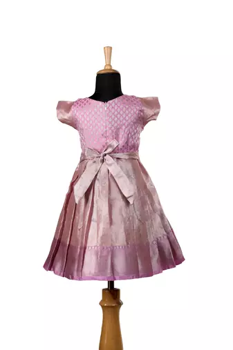 Pink tissue mughal baby pattu pavadai frocks for kids