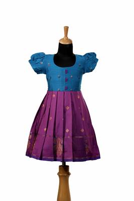 Magenta twin peacock baby pattu pavadai frocks for kids 1