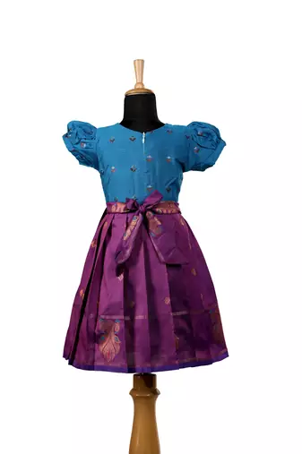 Magenta twin peacock baby pattu pavadai frocks for kids