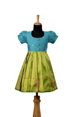 Parrot green twin peacock baby pattu pavadai frocks for kids 1
