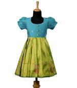 Parrot green twin peacock baby pattu pavadai frocks for kids