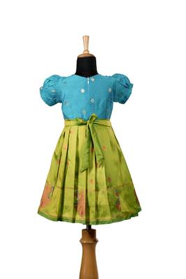 Parrot green twin peacock baby pattu pavadai frocks for kids 2
