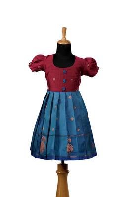 Peacock blue twin peacock baby pattu pavadai frocks for kids 1