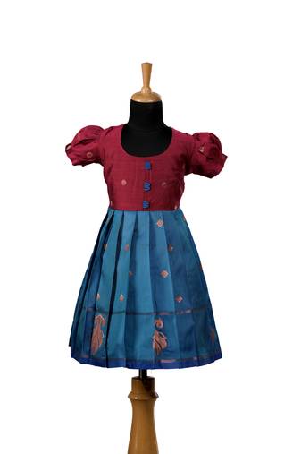 Peacock blue twin peacock baby pattu pavadai frocks for kids