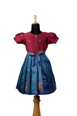 Peacock blue twin peacock baby pattu pavadai frocks for kids 2