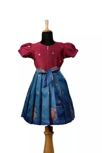 Peacock blue twin peacock baby pattu pavadai frocks for kids