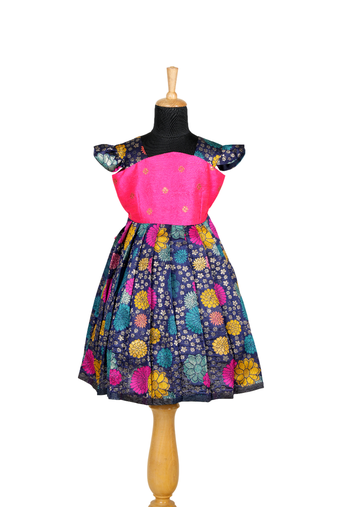 Girls blue zinniah cluster pattu pavadai frocks