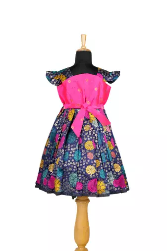 Girls blue zinniah cluster pattu pavadai frocks