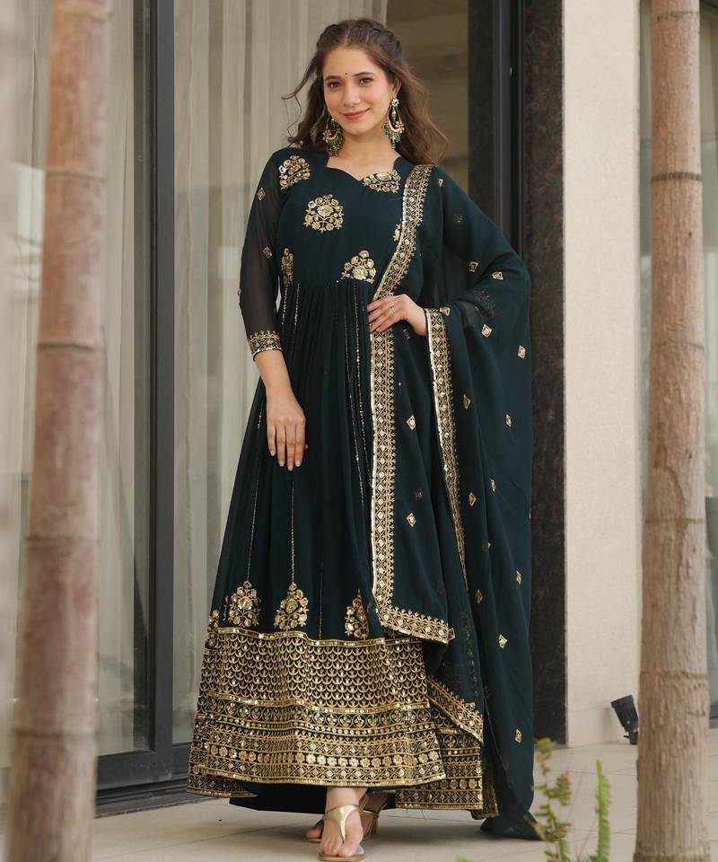 Rama georgette embroidery zari sequins flared gown with heavy dupatta
