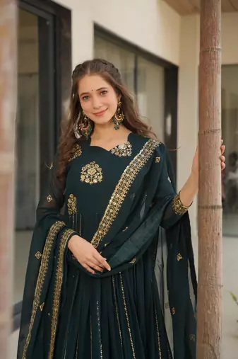 Rama georgette embroidery zari sequins flared gown with heavy dupatta