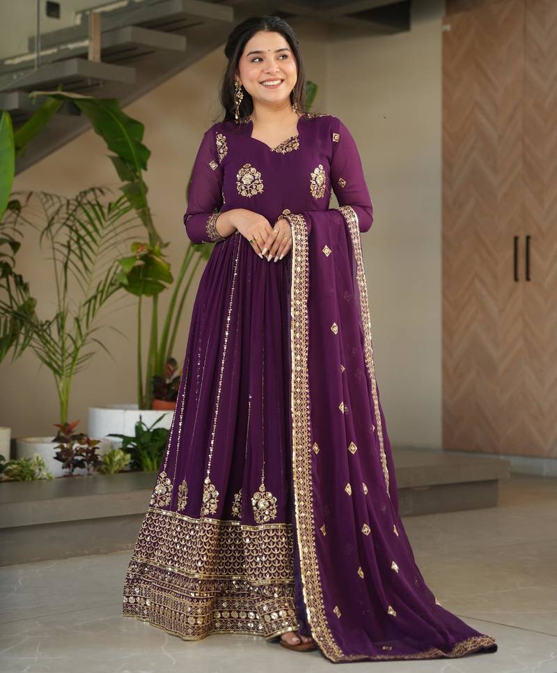 Wine georgette embroidery zari sequins flared gown with heavy dupatta