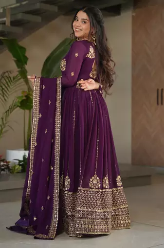 Wine georgette embroidery zari sequins flared gown with heavy dupatta