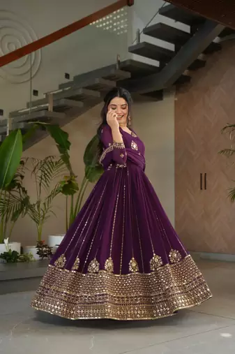 Wine georgette embroidery zari sequins flared gown with heavy dupatta