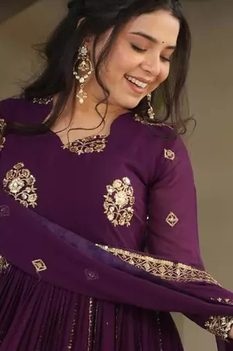 Wine georgette embroidery zari sequins flared gown with heavy dupatta