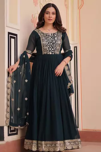 Rama georgette with embroidery zari sequins with heavy dupatta