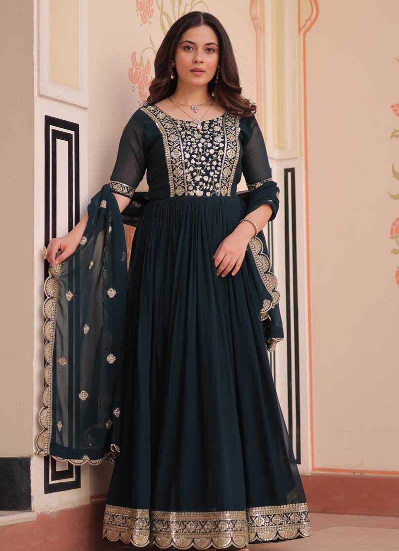 Rama georgette with embroidery zari sequins with heavy dupatta