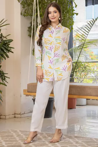 White Printed Rayon Co-Ord Set with Multicolor Leaf Motif