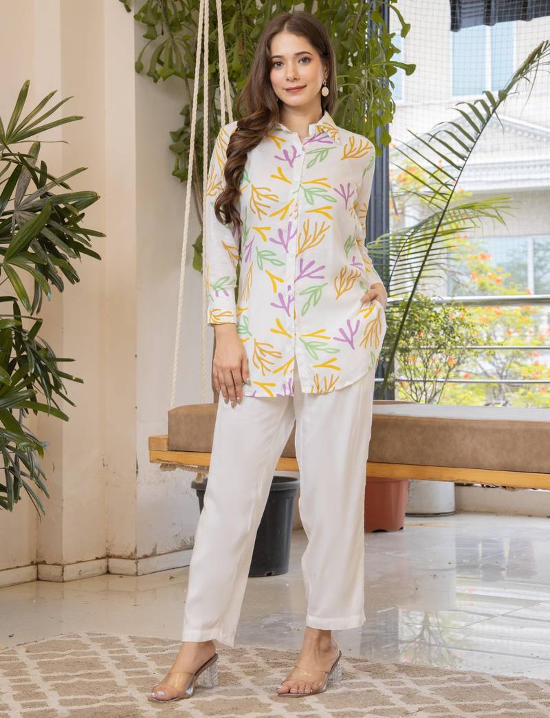 White Printed Rayon Co-Ord Set with Multicolor Leaf Motif