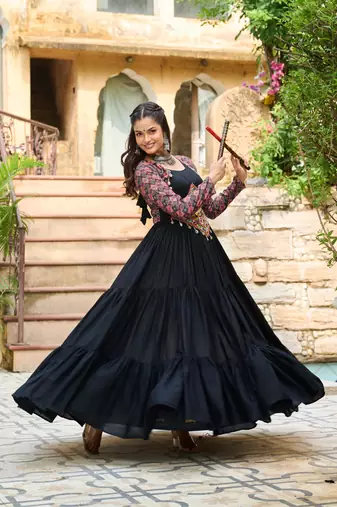 Black rayon kutchi gamthi thread embroidered & cotton print work navratri gown
