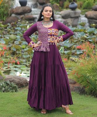 Wine rayon kutchi gamthi thread embroidered & cotton print work navratri gown 1