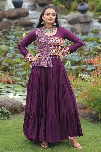 Wine rayon kutchi gamthi thread embroidered & cotton print work navratri gown