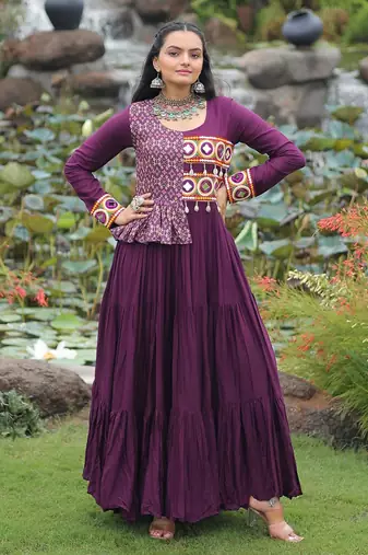 Wine rayon kutchi gamthi thread embroidered & cotton print work navratri gown