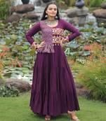 Wine rayon kutchi gamthi thread embroidered & cotton print work navratri gown