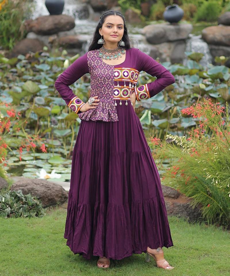 Wine rayon kutchi gamthi thread embroidered & cotton print work navratri gown