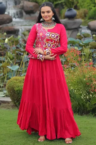 Pink rayon kutchi gamthi thread embroidered & cotton print work navratri gown