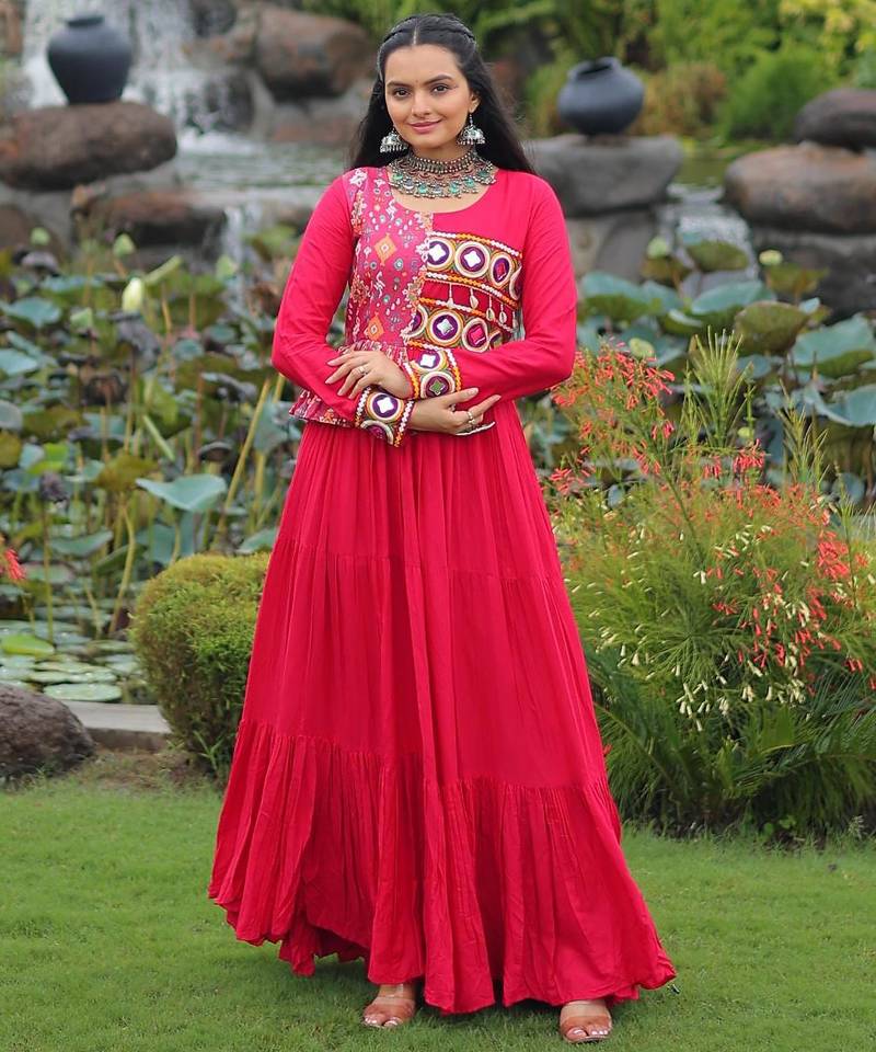 Pink rayon kutchi gamthi thread embroidered & cotton print work navratri gown