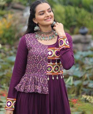 Wine rayon kutchi gamthi thread embroidered & cotton print work navratri gown 3