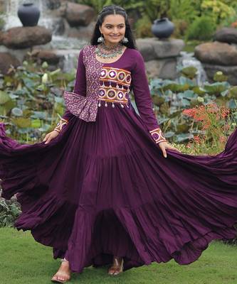 Wine rayon kutchi gamthi thread embroidered & cotton print work navratri gown 4