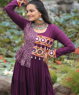 Wine rayon kutchi gamthi thread embroidered & cotton print work navratri gown 5