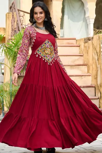 Maroon rayon kutchi gamthi thread embroidered & cotton print work navratri gown