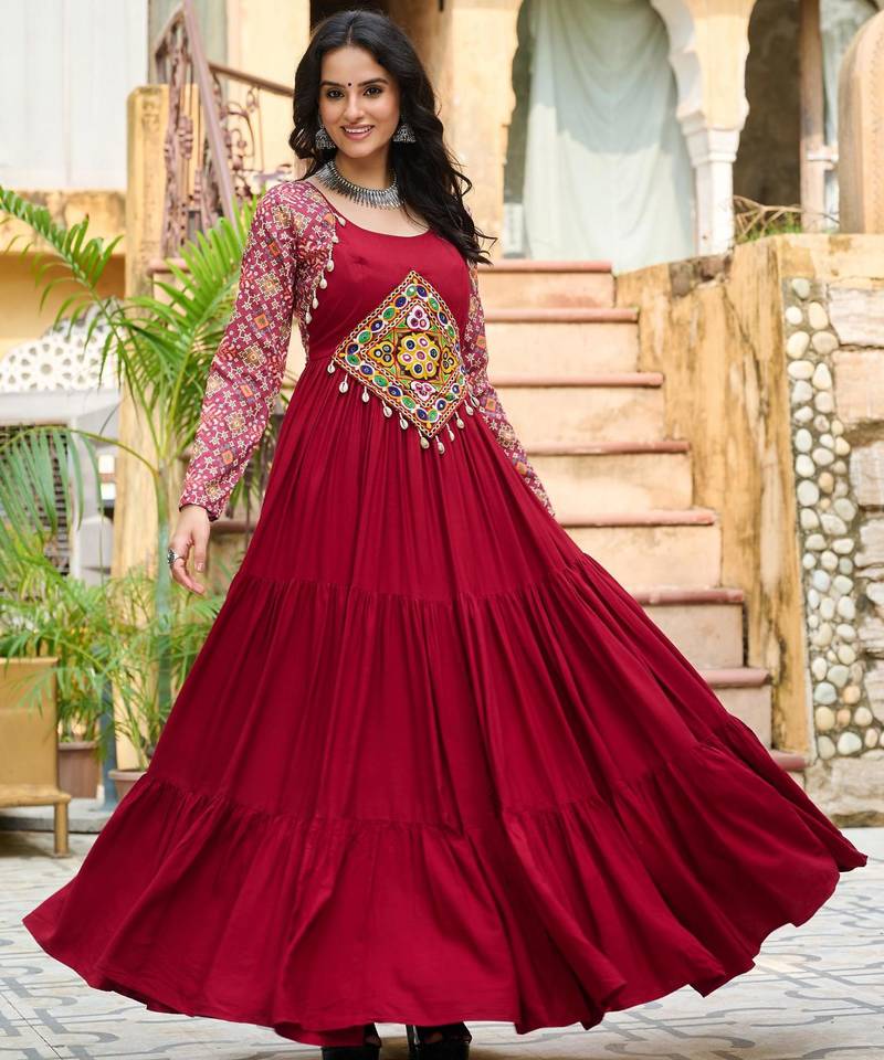 Maroon rayon kutchi gamthi thread embroidered & cotton print work navratri gown