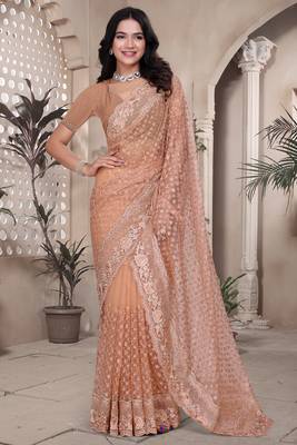 Peach sequin embroidered net saree sari with unstitch blouse piece 1
