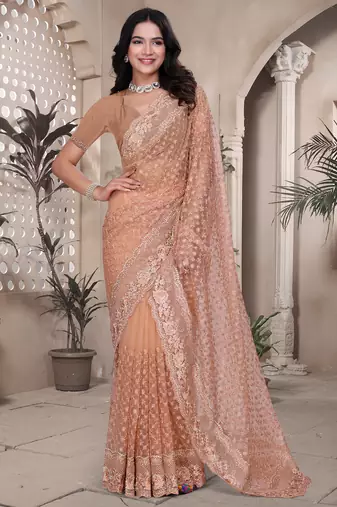 Peach sequin embroidered net saree with unstitch blouse