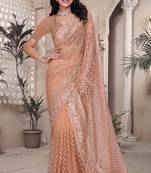 Peach sequin embroidered net saree sari with unstitch blouse piece