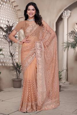 Peach sequin embroidered net saree sari with unstitch blouse piece 2