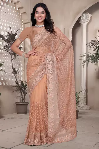 Peach sequin embroidered net saree sari with unstitch blouse piece