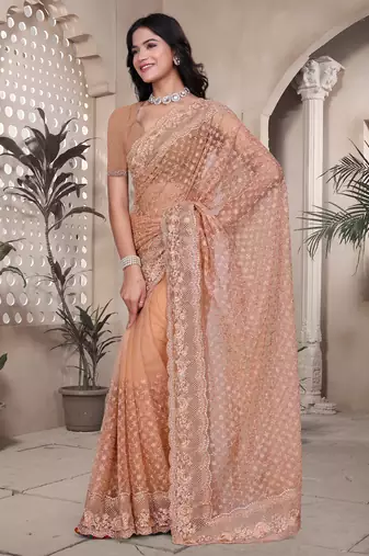 Peach sequin embroidered net saree sari with unstitch blouse piece