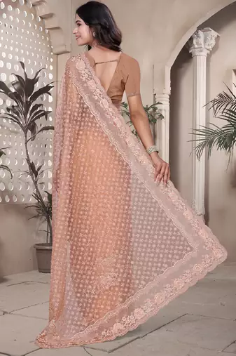 Peach sequin embroidered net saree sari with unstitch blouse piece