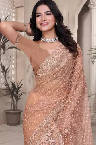 Peach sequin embroidered net saree sari with unstitch blouse piece