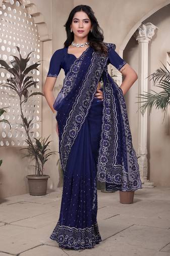 Navy blue sequin embroidered net saree with unstitch blouse